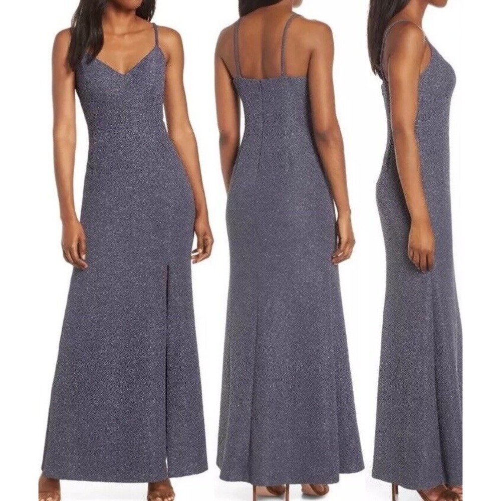 ELIZA J Glitter Knit Crepe Gown In Slate Gray Spaghetti Strap‎ Women's Size 6